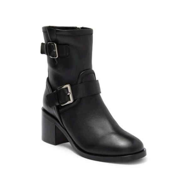 Aquatalia Women Black Leather Billinia Moto Biker Buckle Boots NWOB Size 7.5